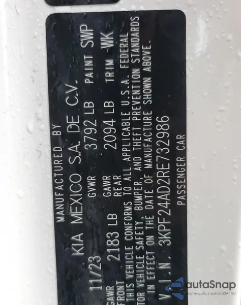 2024 Kia Forte Lx из США, поврежденный, VIN 3KPF24AD2RE732986